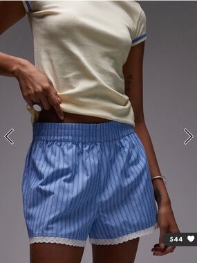 Topshop high waisted striped lace trim boxer shorts in blue